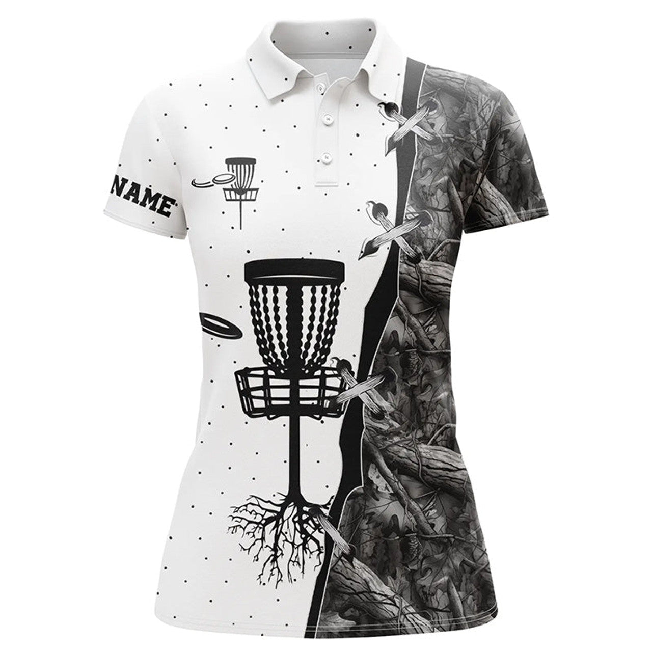 Custom Women Disc Golf Polo Shirt Black Camo Disc Golf Hole Custom Name Disc Golf Team Shirt, Disc Golf Gifts