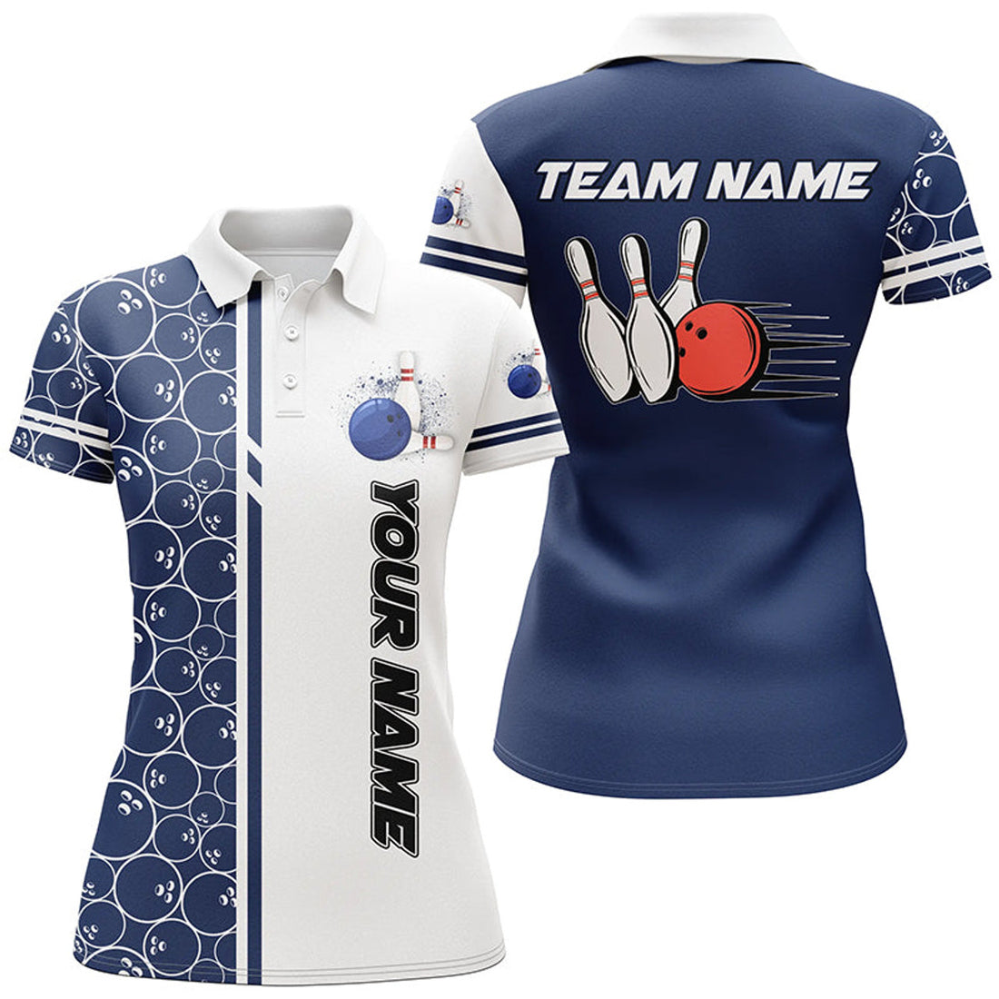 Custom Women Bowling Polo Shirts Custom White And Blue Camo Vintage Bowling Shirts, Women Bowling Jerseys