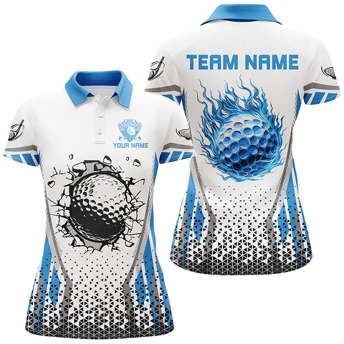 Custom Blue Flame Golf Ball Wall Break White Womens Golf Polo Shirts Custom Golf Attire For Women