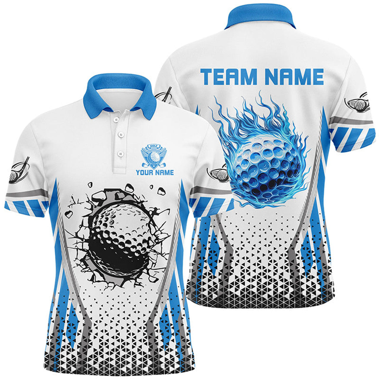 Custom Blue flame golf ball wall break white Mens golf polo shirt custom golf attire for men