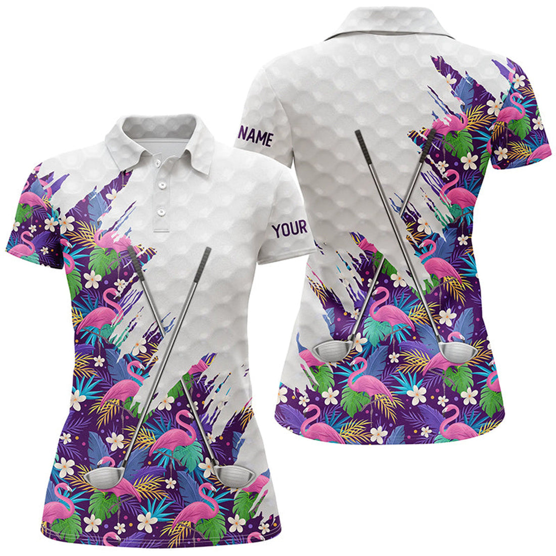 Custom Purple Flamingo Tropical Pattern Custom White Womens Golf Polo Shirts, Team Ladies Golf Tops