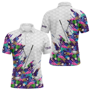 FUNSTUFFPRINT Purple Flamingo tropical pattern custom name white Mens Polo Shirt Size S-5XL