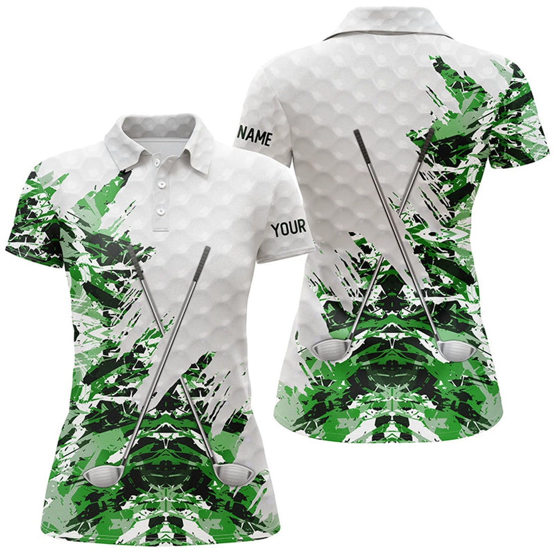 Custom Green Camo Pattern Custom White Womens Golf Polo Shirts, Team Ladies Golf Tops