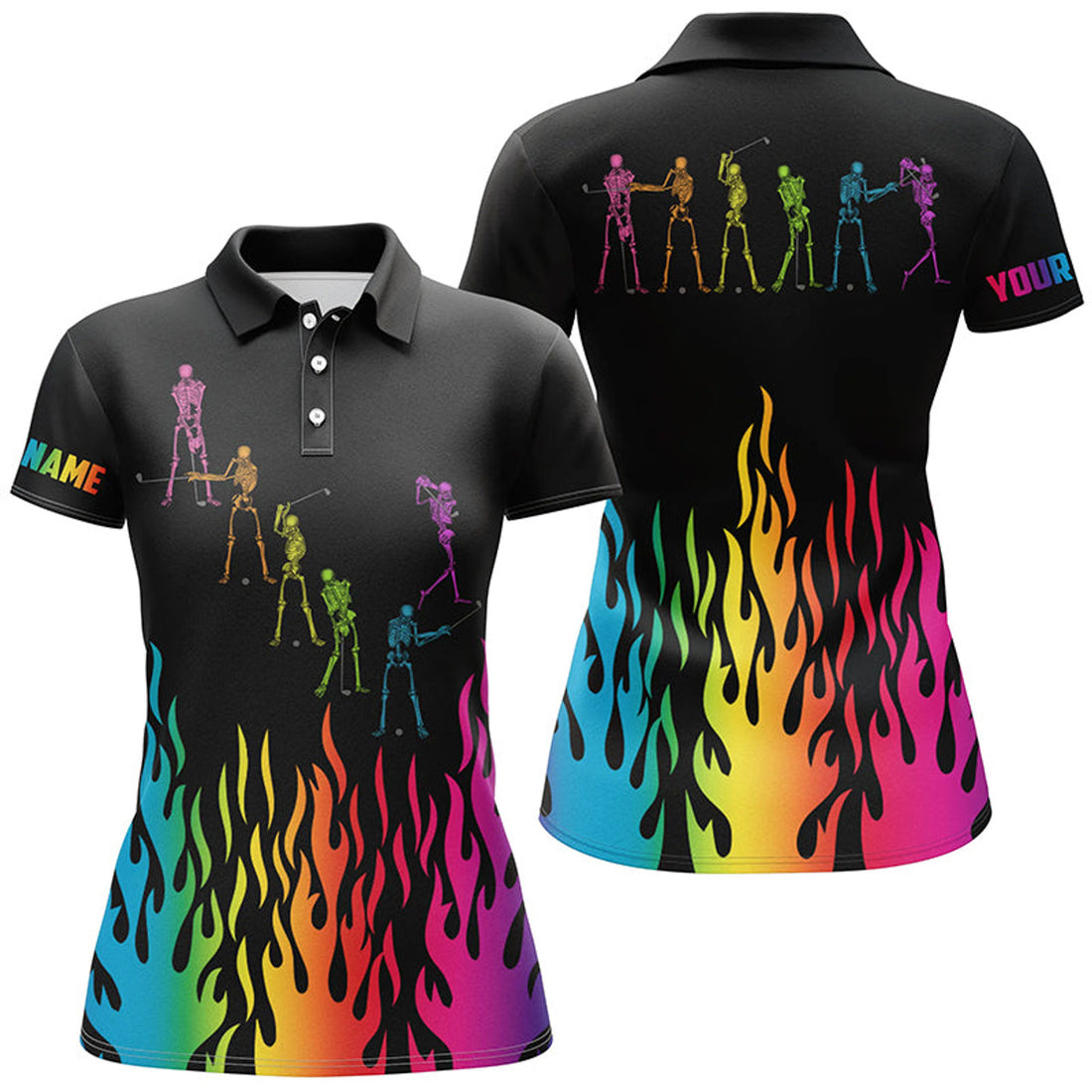 Custom Rainbow Flame Golf Skeleton Custom Black Women Golf Polo Shirt, Golf Attire For Women