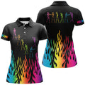 Custom Rainbow Flame Golf Skeleton Custom Black Women Golf Polo Shirt, Golf Attire For Women