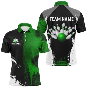 FUNSTUFFPRINT Black and Green Bowling Polo Shirt Size S-5XL