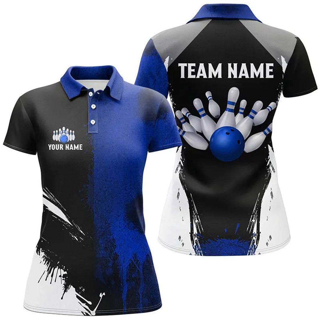 Custom Black And Blue Bowling Polo For Women Custom Bowling Team Jersey, Gift For Bowler