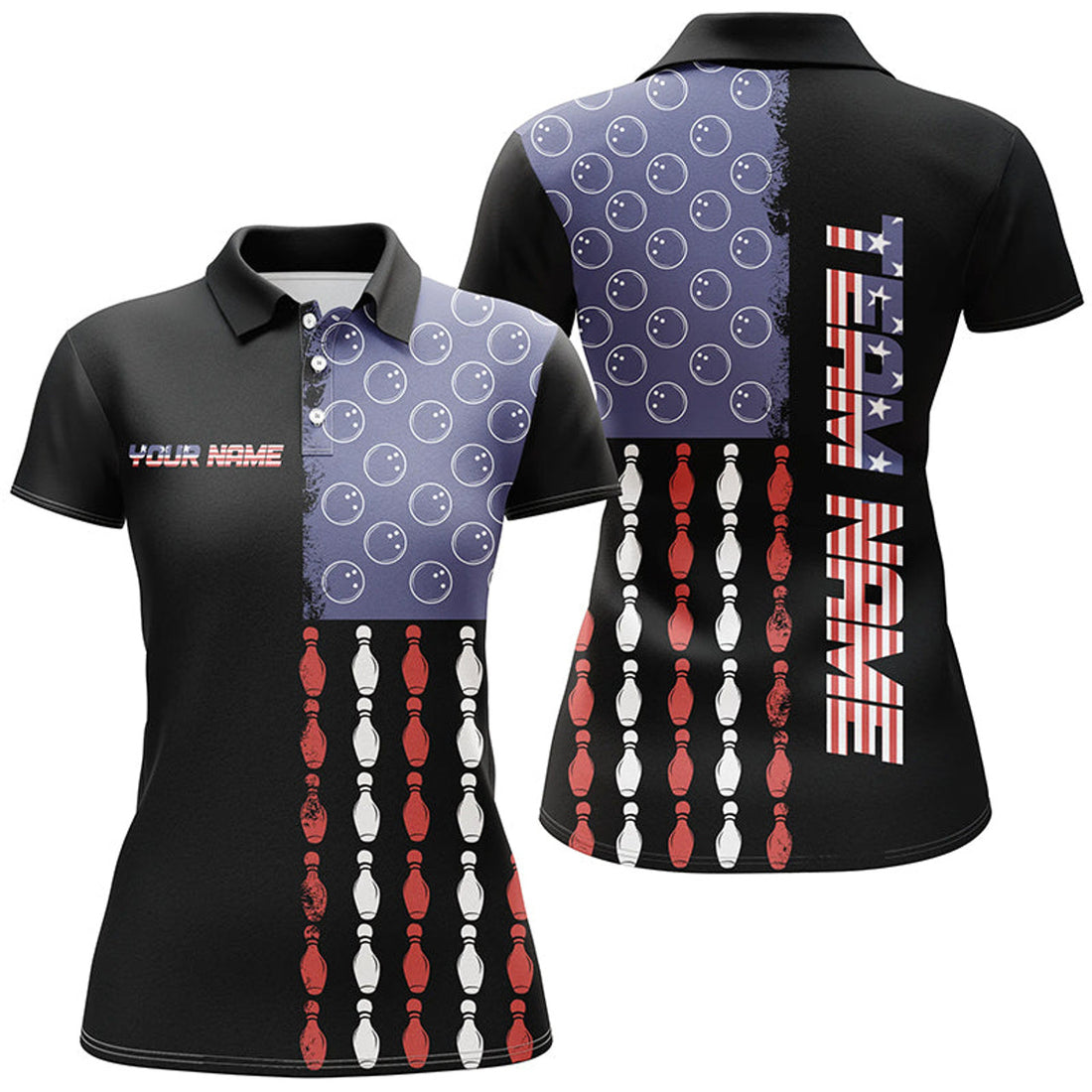 Custom Vintage Retro American Flag Bowling Polo, For Women Custom Bowling Team Jerseys