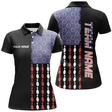 Custom Vintage Retro American Flag Bowling Polo, For Women Custom Bowling Team Jerseys
