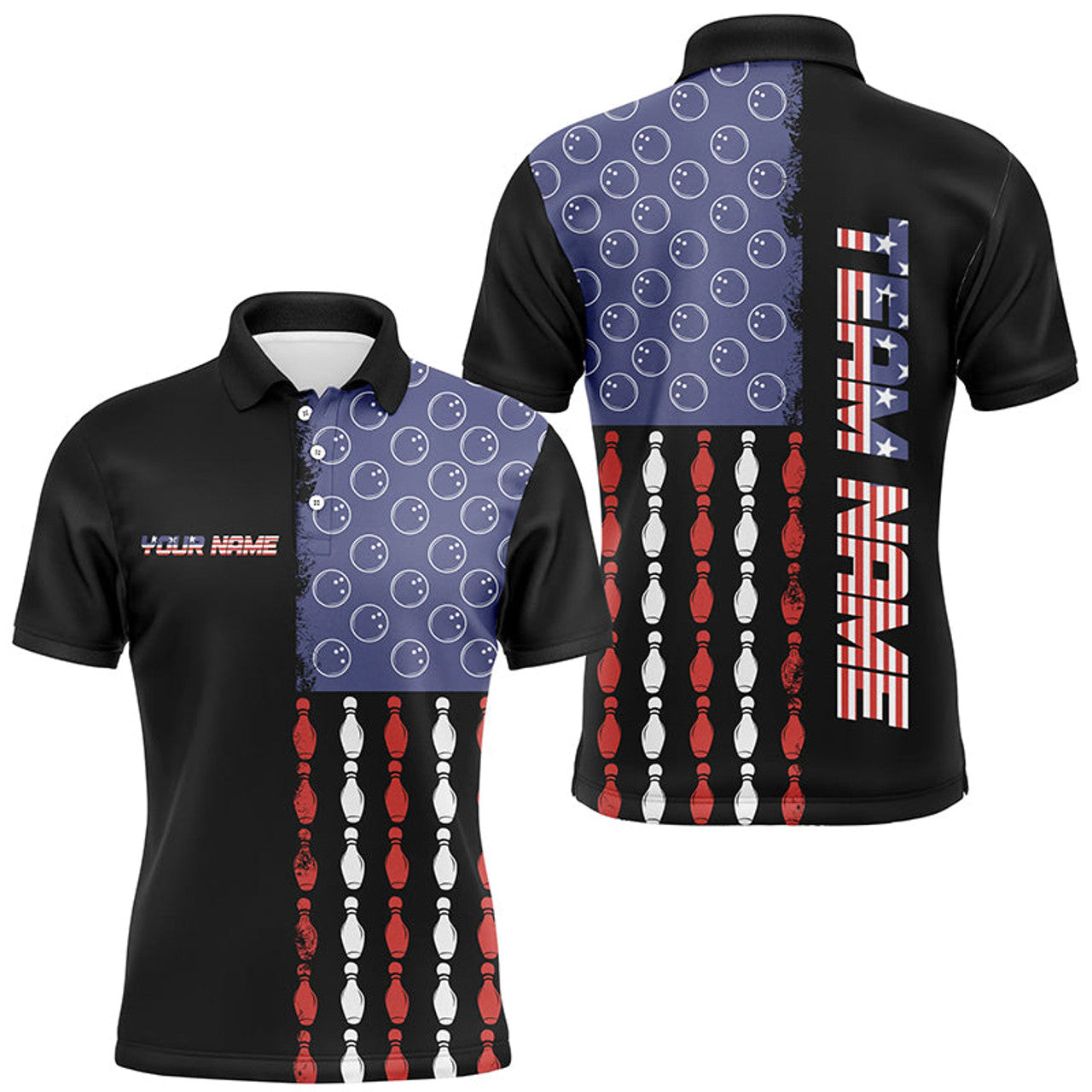 FUNSTUFFPRINT Vintage Retro American Flag Bowling Polo Shirt Size S-5XL