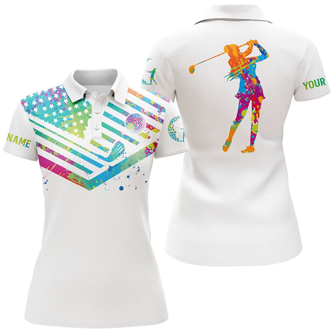 Custom Womens Golf Polo Shirt Watercolor American Flag Custom Name White Golf Shirt