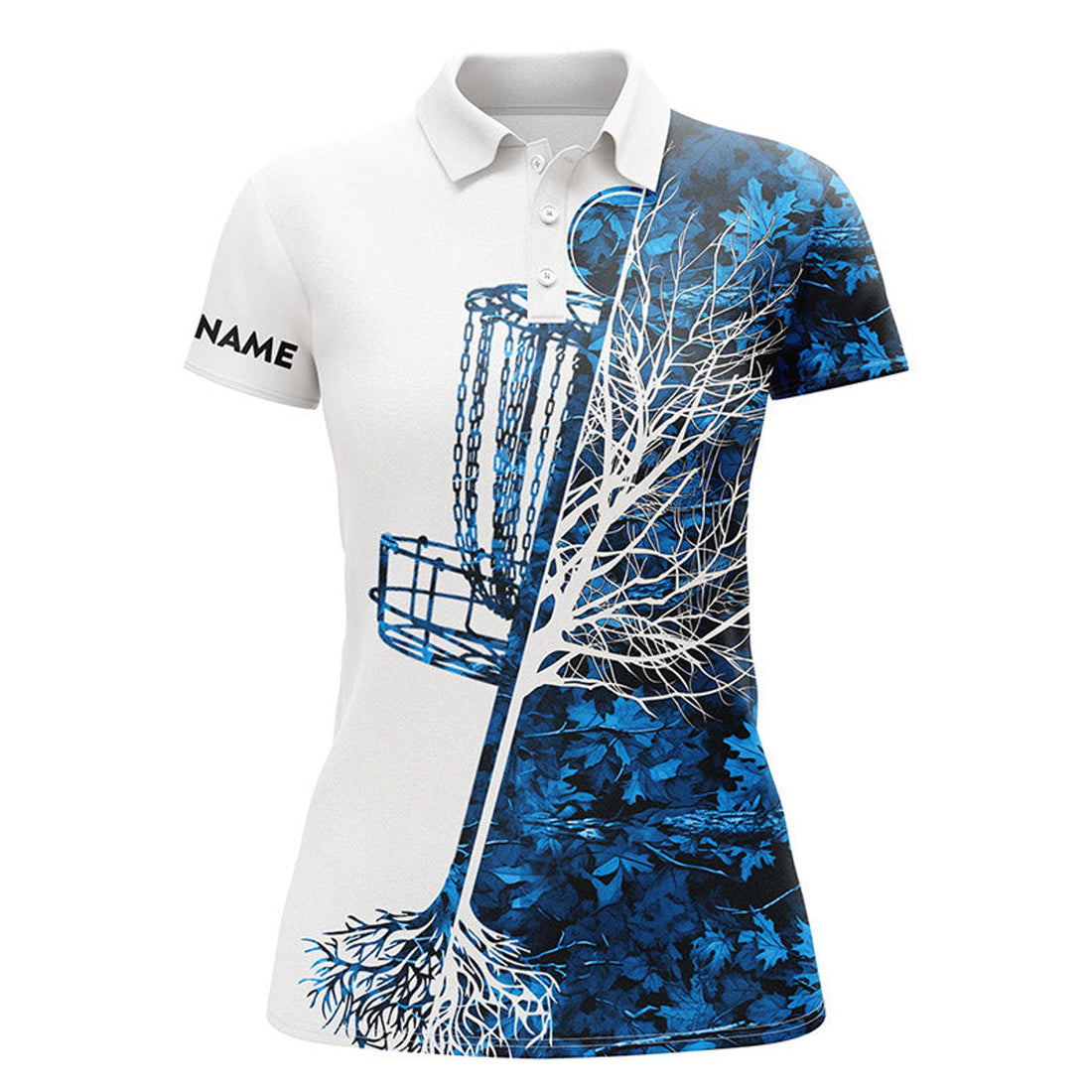 Custom Womens Disc Golf Polo Shirt Custom Name Blue Camo Disc Golf Basket, Personalized Disc Golf Shirts