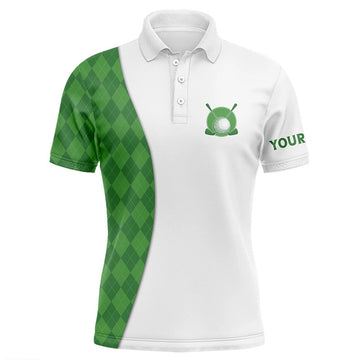 FUNSTUFFPRINT White Mens golf polo shirts custom green argyle plaid pattern golf tops, best mens golf wear Polo Shirt Size S-5XL