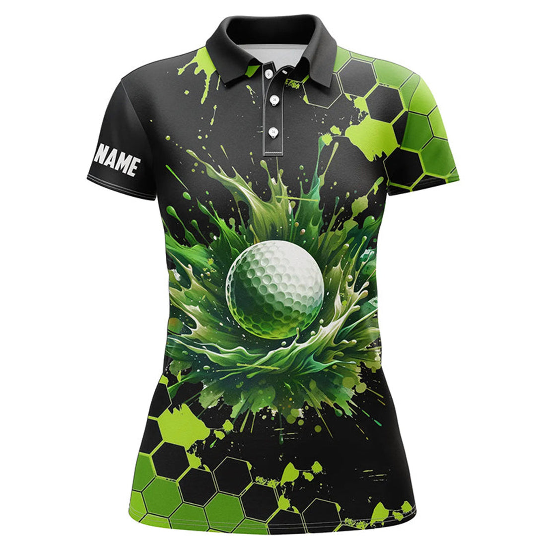 Custom Womens Golf Polo Shirts Custom Black And Green Watercolor Ladies Golf Tops, Gift For Golf Lovers