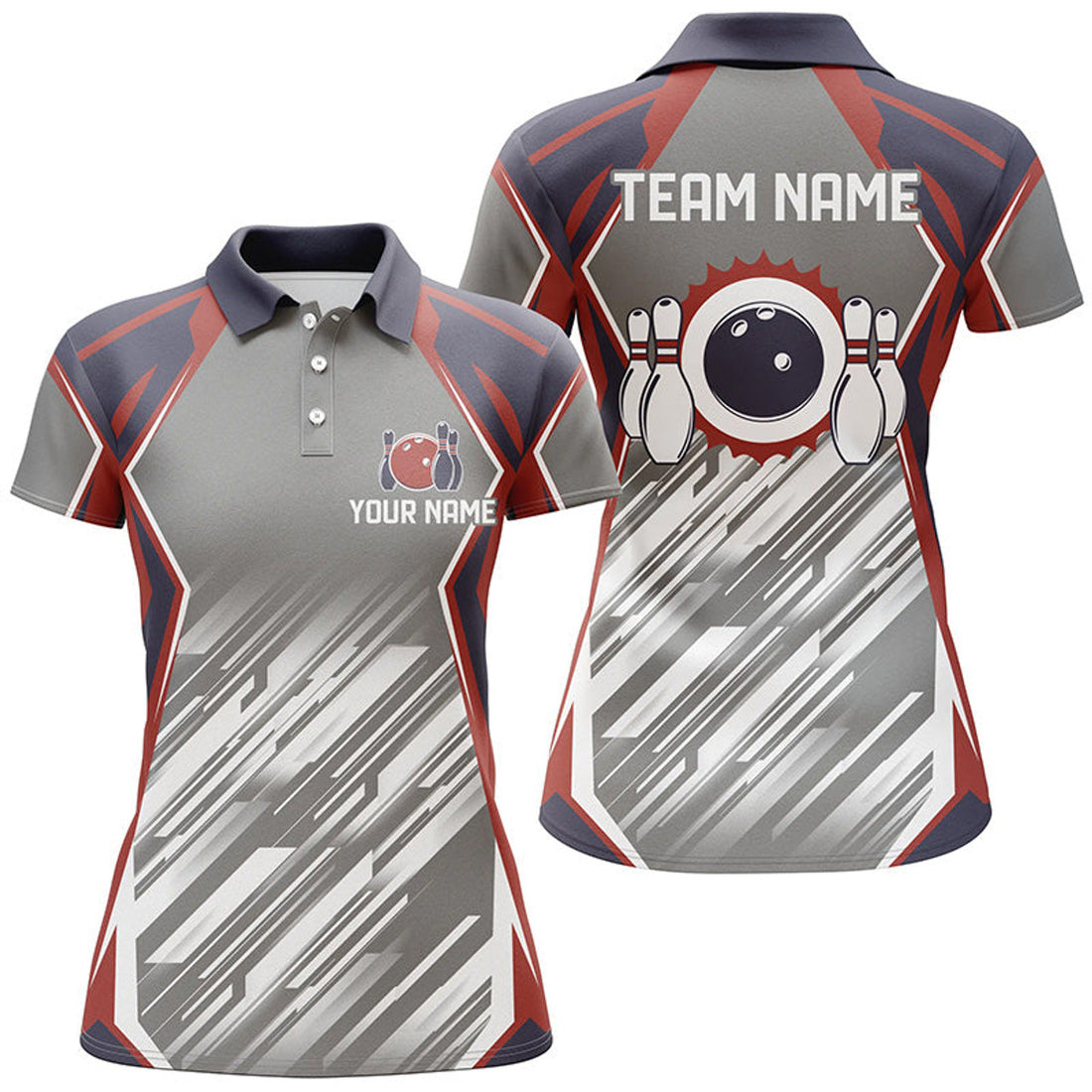 Custom Grey Abstract Pattern Retro Bowling Ball And Pins Custom Team Women Bowling Polo Shirts