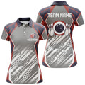 Custom Grey Abstract Pattern Retro Bowling Ball And Pins Custom Team Women Bowling Polo Shirts
