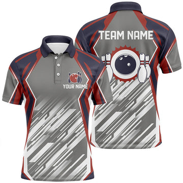 FUNSTUFFPRINT Grey abstract pattern Retro bowling ball and pins custom team Men Bowling Polo Shirt Size S-5XL