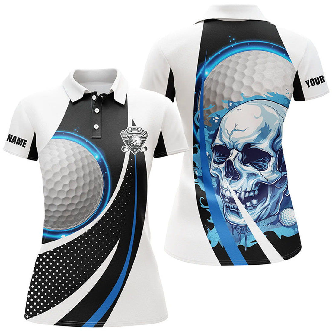 Custom Black And White Golf Skull Womens Golf Polos Shirts Custom Golf Attire For Ladies, Gifts Golfer