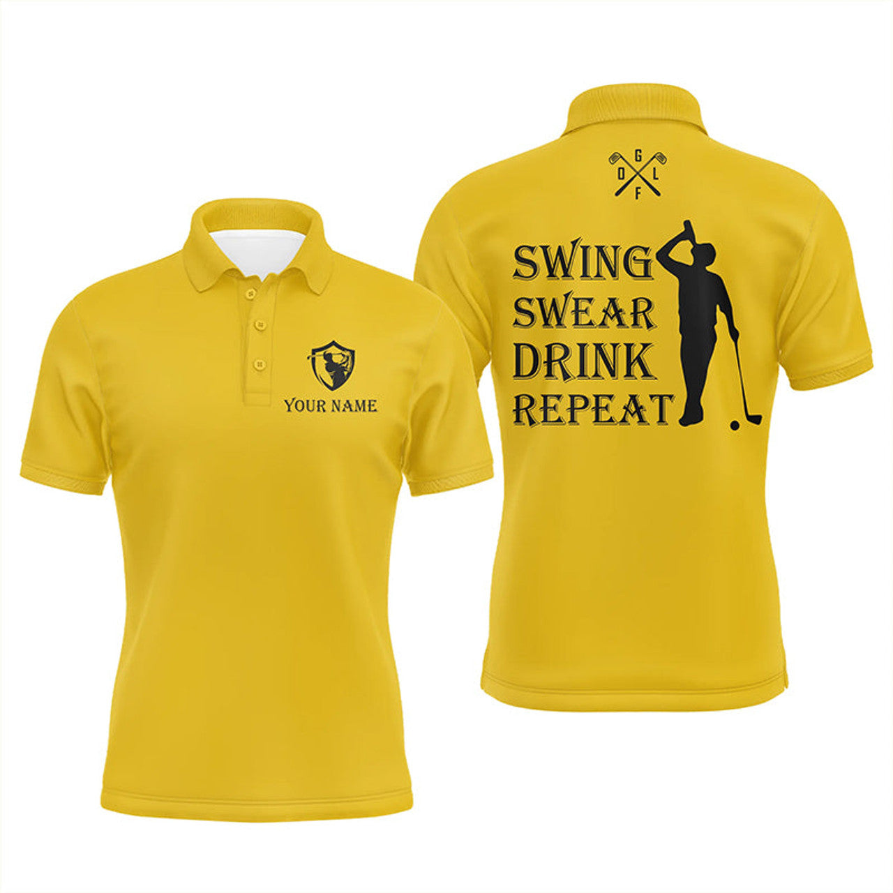 Custom Funny Mens golf polos shirt custom swing swear drink repeat, team golf shirts for Men | Yellow