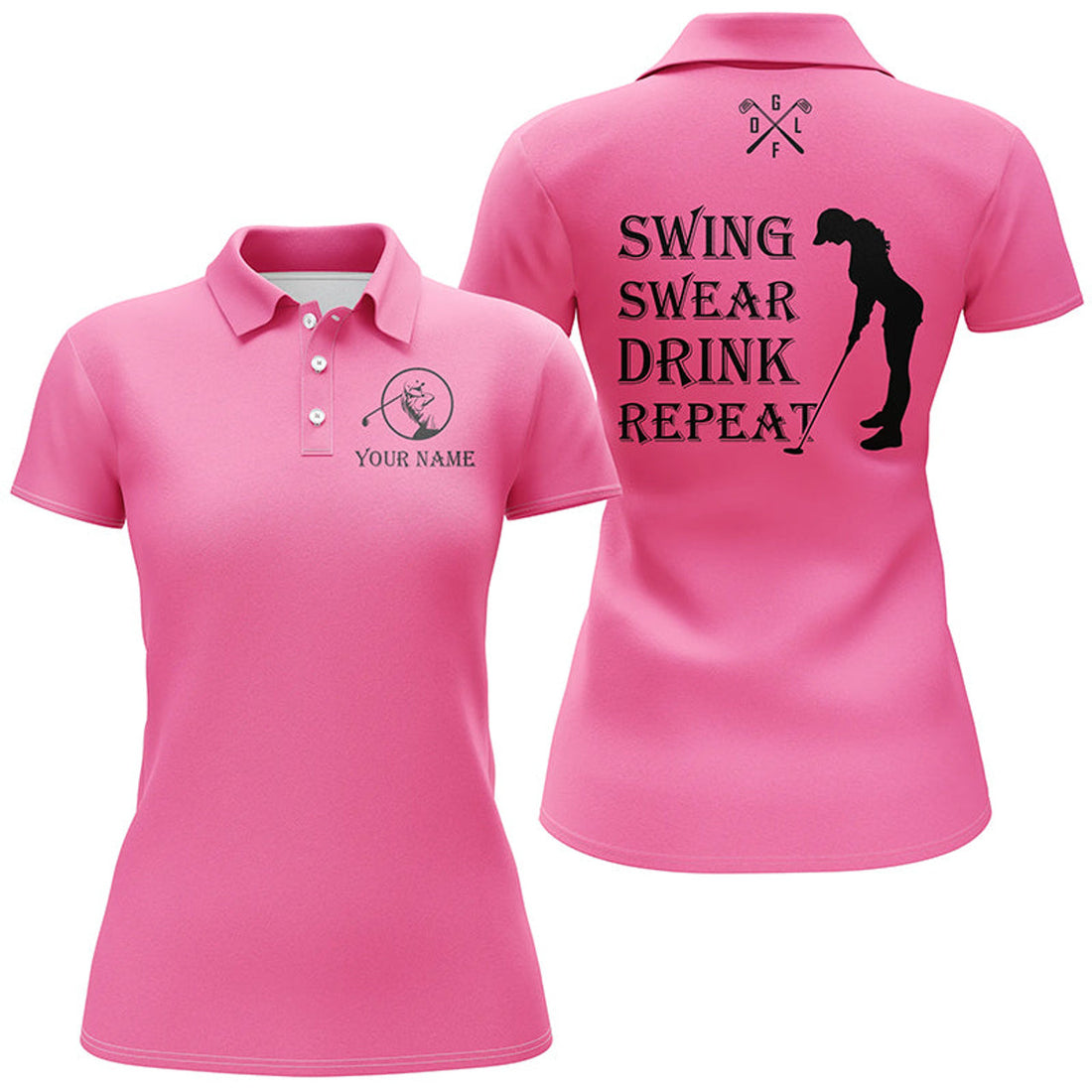 Custom Funny Womens Golf Polo Shirt Custom Swing Swear Drink Repeat, Team Golf Shirts For Women | Pink