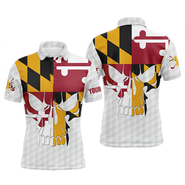 FUNSTUFFPRINT Mens golf polo shirts Maryland flag patriotic custom skull golf ball shirt for men, best men golf wear Polo Shirt Size S-5XL