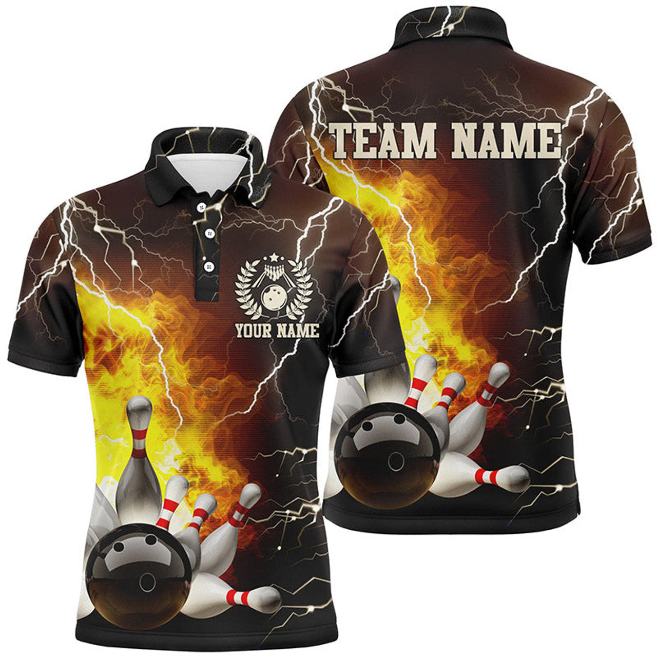 FUNSTUFFPRINT Mens Bowling polo shirts Custom flame lightning thunder Bowling Team Polo Shirt Size S-5XL