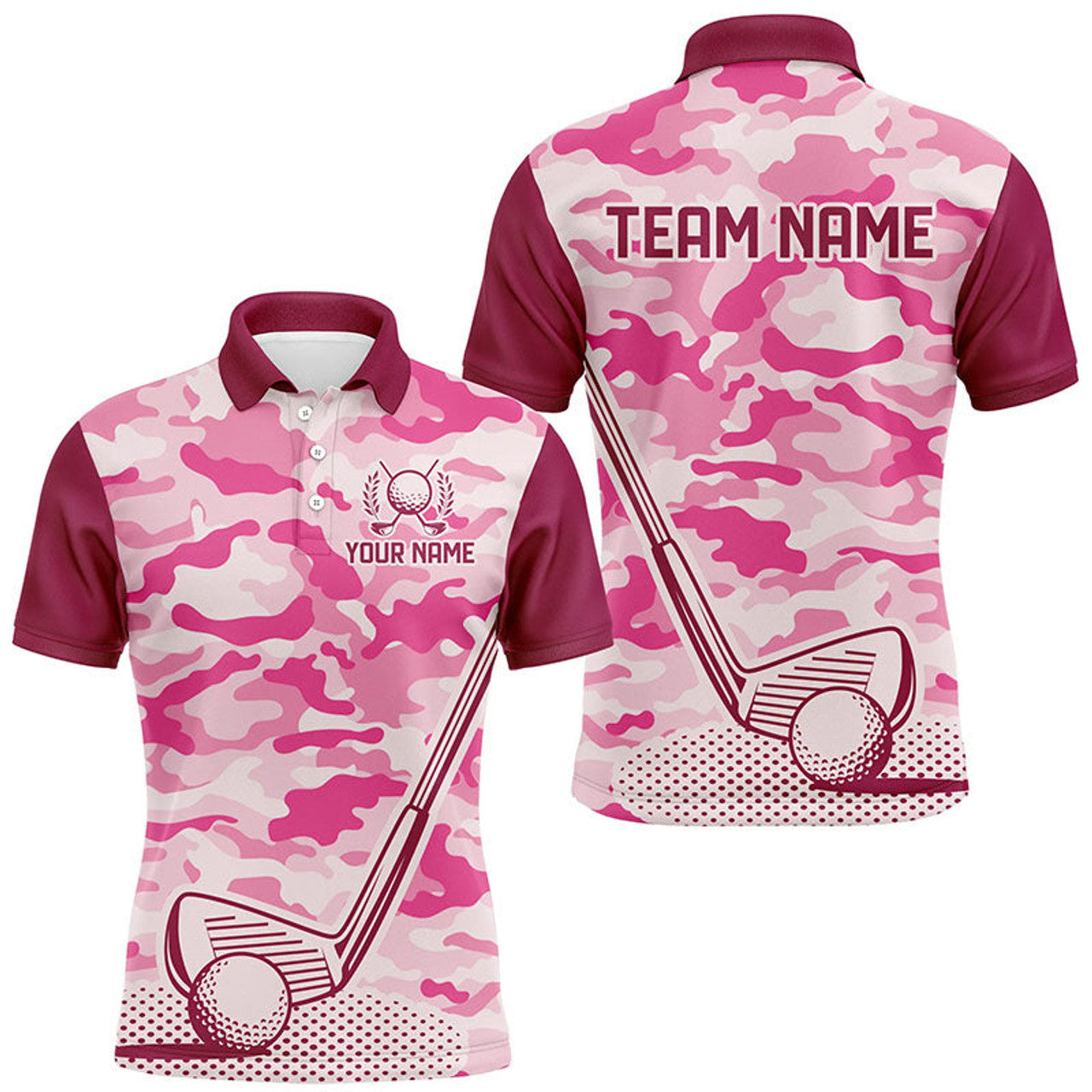 Custom Pink Camo Mens Golf Polo Shirts custom golf outfit for mens, team golf shirt