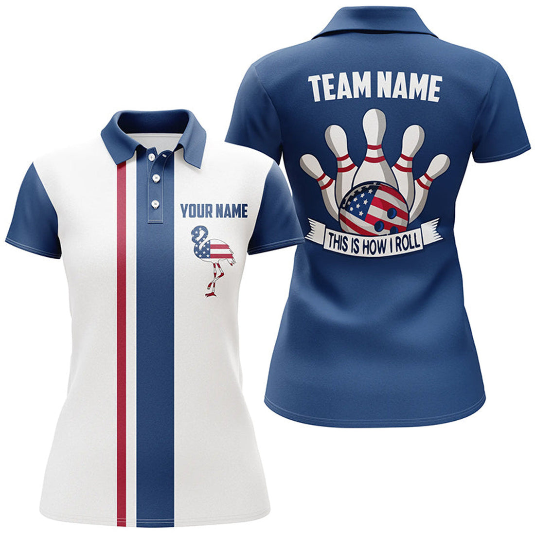 Custom Red White And Blue Retro Bowling Polo Shirt For Women Custom American Flag Flamingo Bowling Jerseys