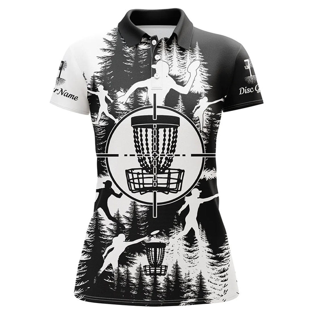 Custom Black And White Womens Golf Polo Shirts Custom Disc Golf Basket Frisbee Golf Shirts