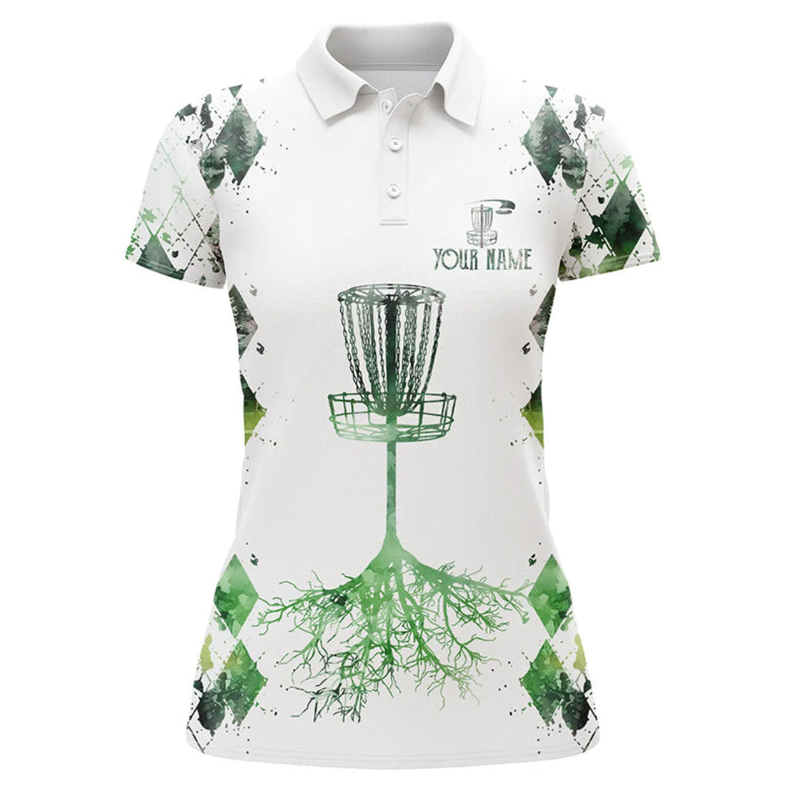 Custom Watercolor Green Argyle Pattern White Womens Golf Polo Shirts Custom Disc Golf Frisbee Golf Shirt