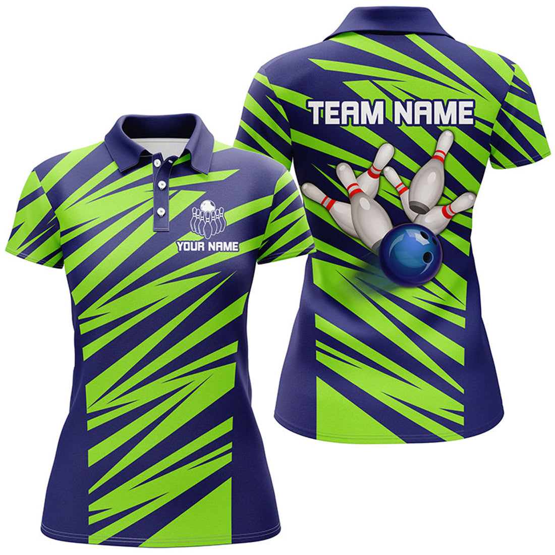 Custom Blue And Green Strike Bowling Polo For Women, Custom Name Bowling Team Jerseys