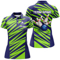 Custom Blue And Green Strike Bowling Polo For Women, Custom Name Bowling Team Jerseys