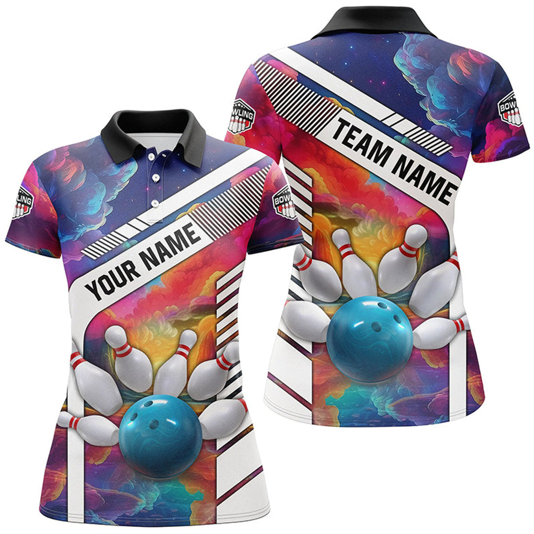 Custom Colorful bowling Polo for Women Custom bowling ball and pins Team Bowling jerseys