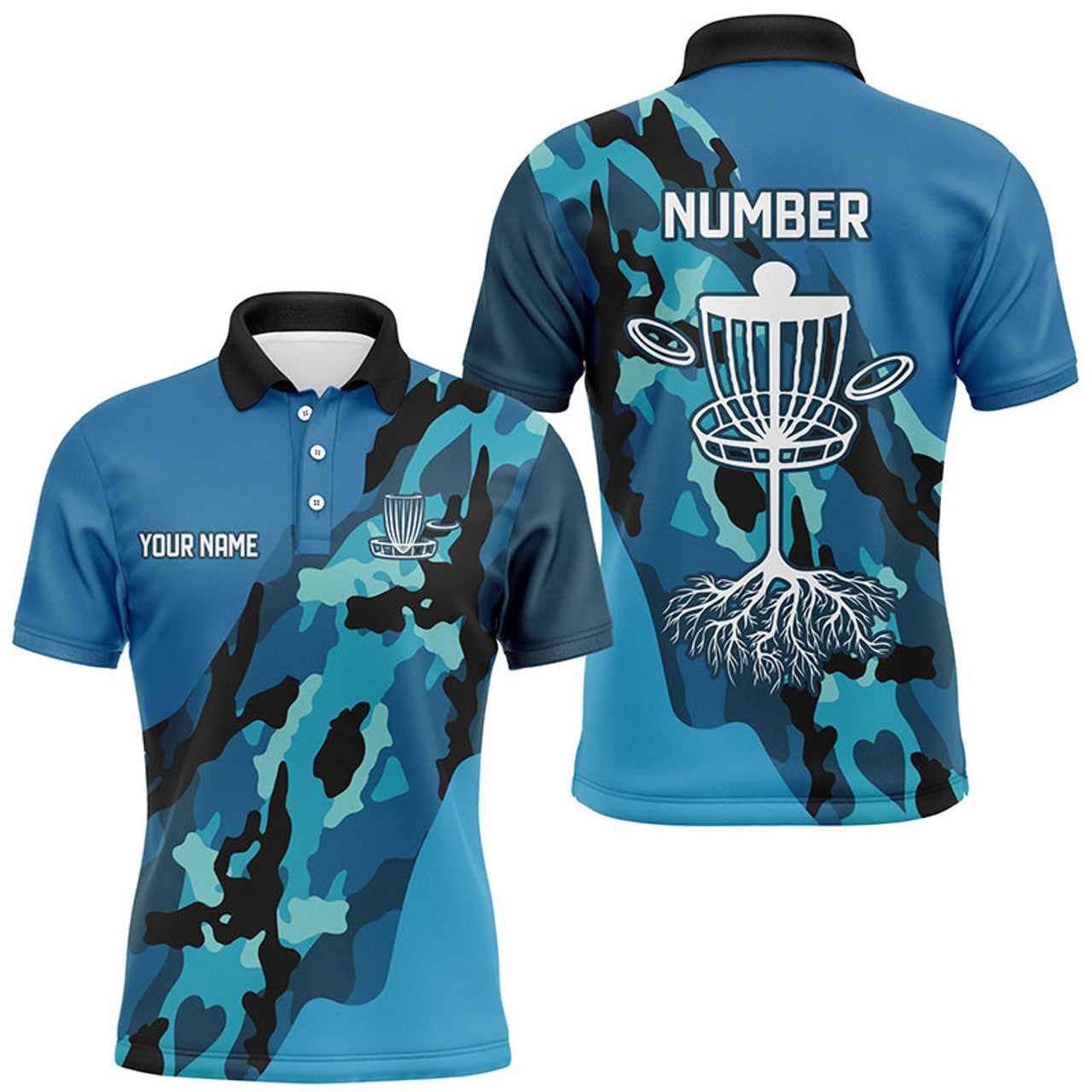 Custom Blue Camo Mens golf polo shirts custom name and number disc golf team jerseys, frisbee golf shirts