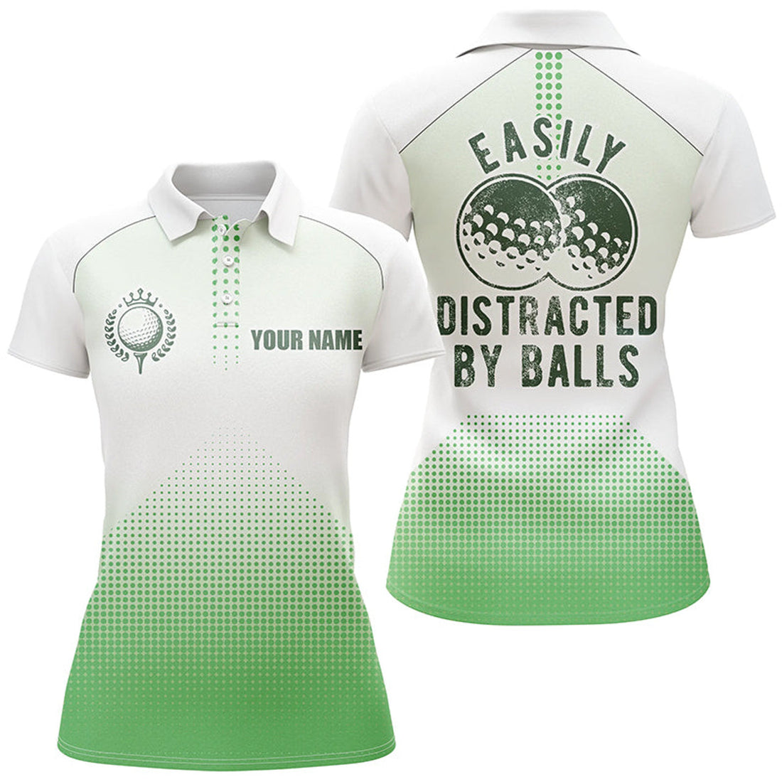 Custom White And Green Womens Golf Polo Shirt Custom Easily Distracted By Balls Funny Golf Tops For Ladies