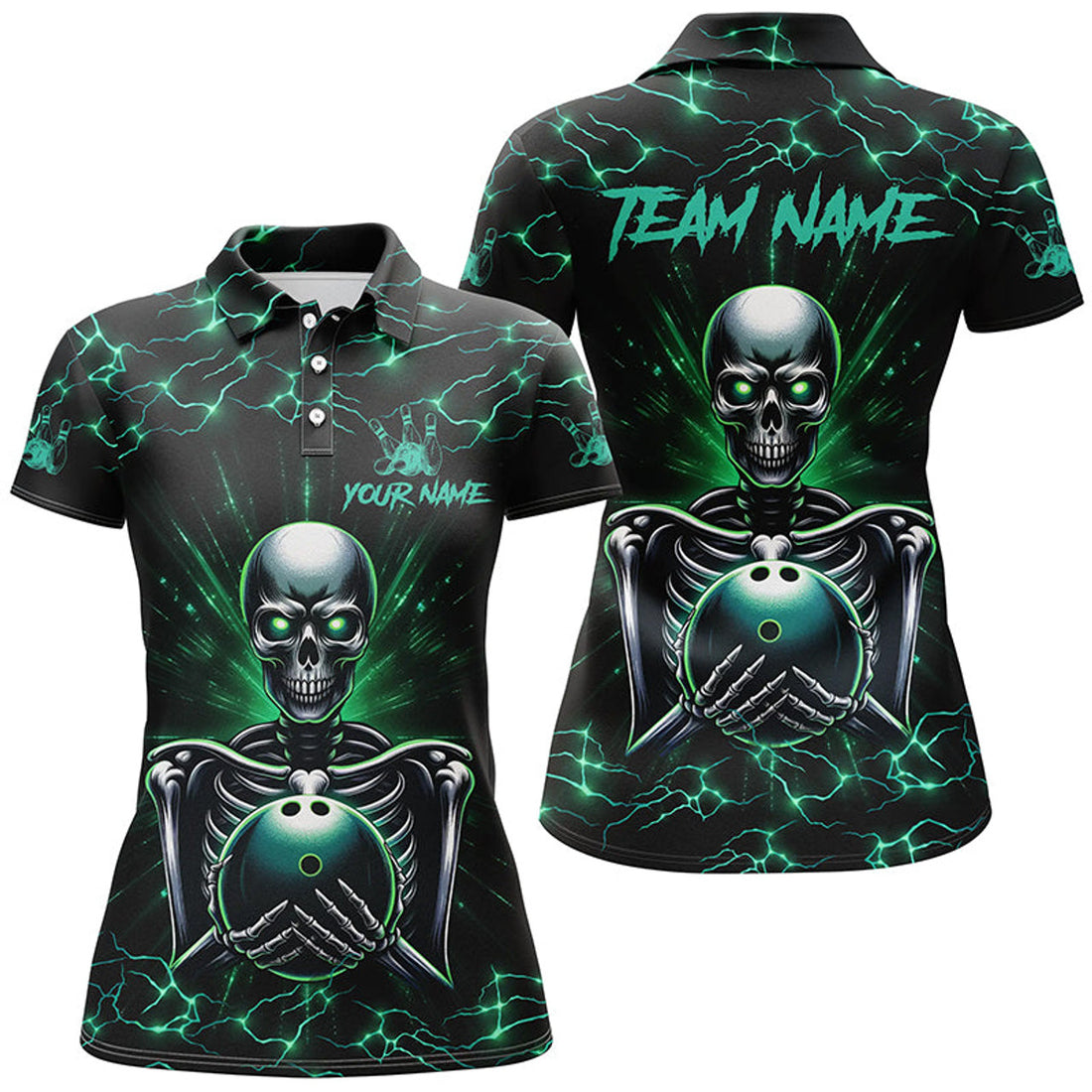 Custom Green Skull Lightning Bowling Polo Shirts For Women Custom Team Bowling Jerseys, Gift For Bowlers