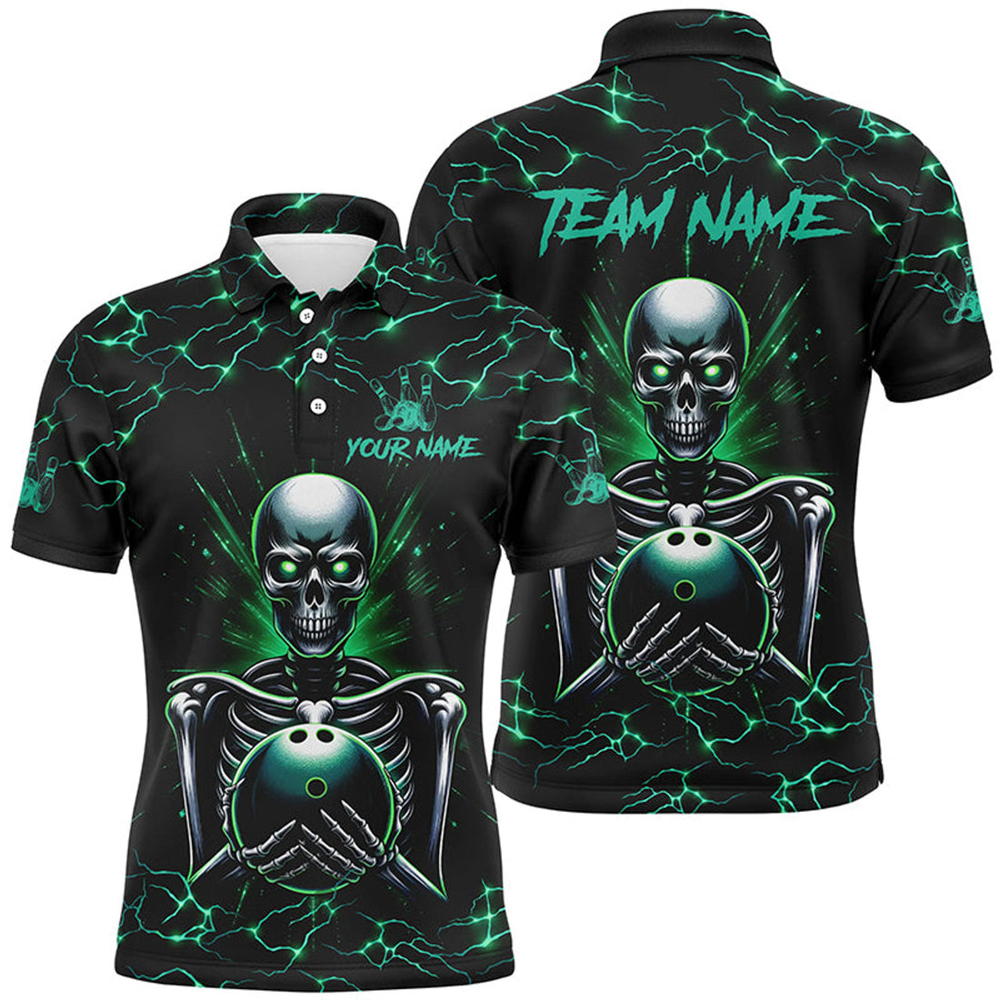 Custom Green Skull Lightning Bowling Polo Shirt For Men Custom Team Bowling Jerseys For Men, Gift For Bowlers