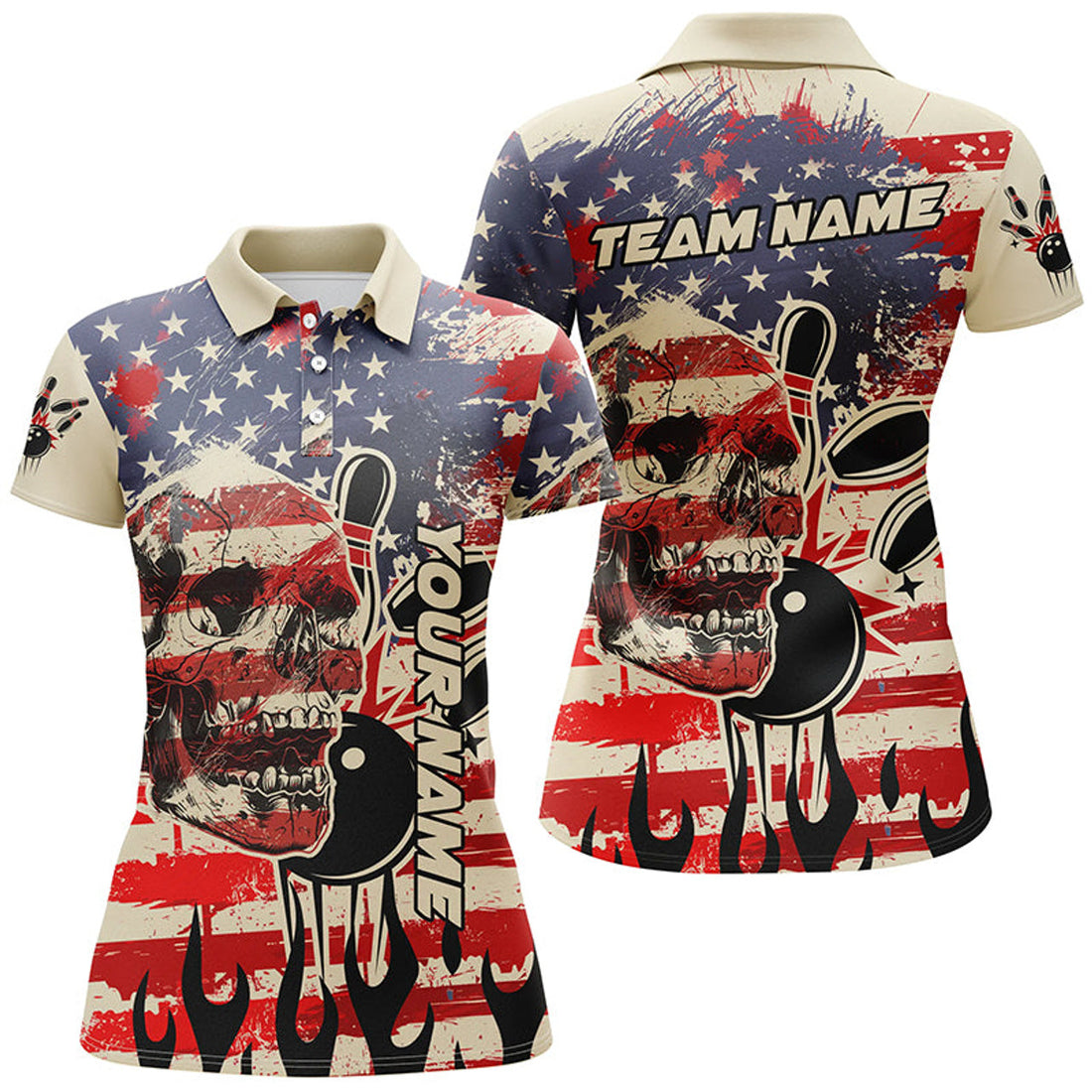 Custom American Flag Skull Bowling Polo Shirts For Women Custom Team Ladies Bowling Jerseys, Gift For Bowlers