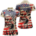 Custom American Flag Skull Bowling Polo Shirts For Women Custom Team Ladies Bowling Jerseys, Gift For Bowlers
