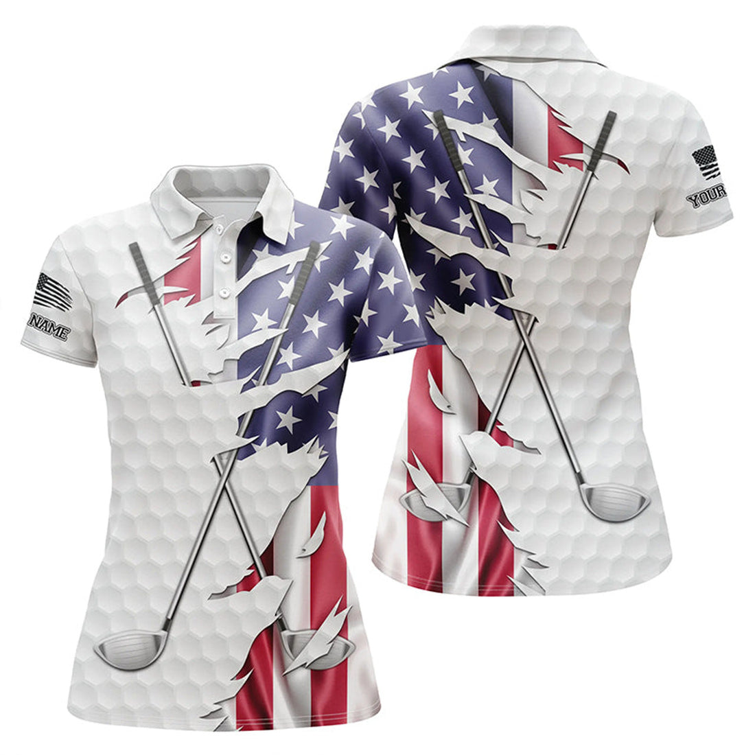 Custom Red, White, And Blue American Flag Womens Golf Polo Shirt Custom Patriotic Golf Performance Shirts