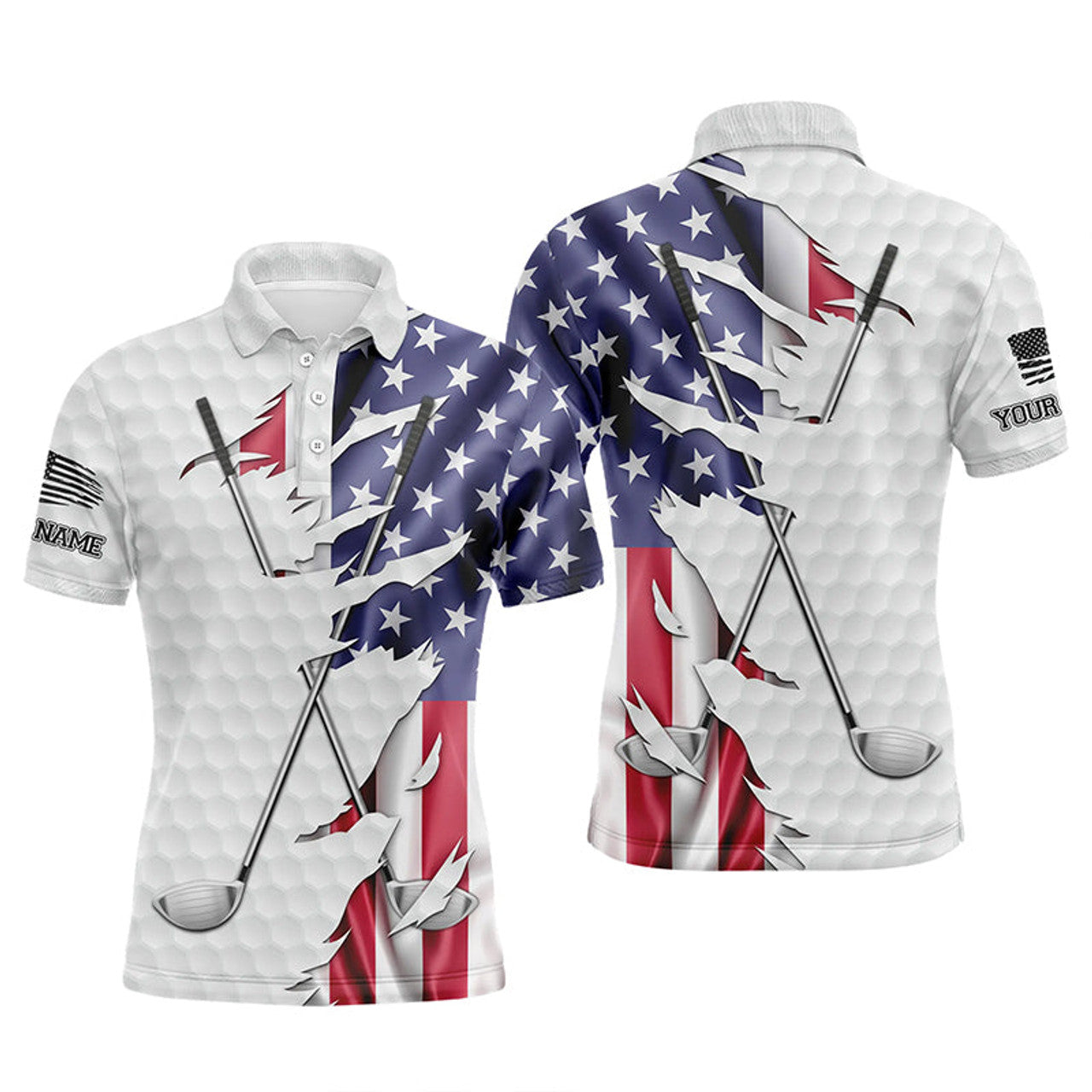Custom Red, white, and blue American flag men golf polo shirts custom patriotic golf performance shirts