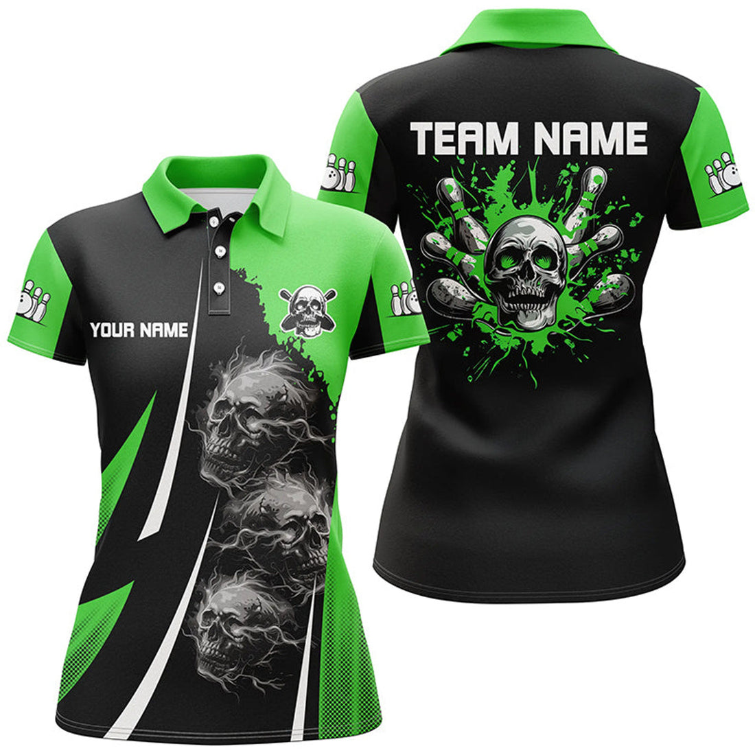 Custom Green And Black Women Bowling Polo, Custom Skull Bowling Ball And Pins Team Jerseys