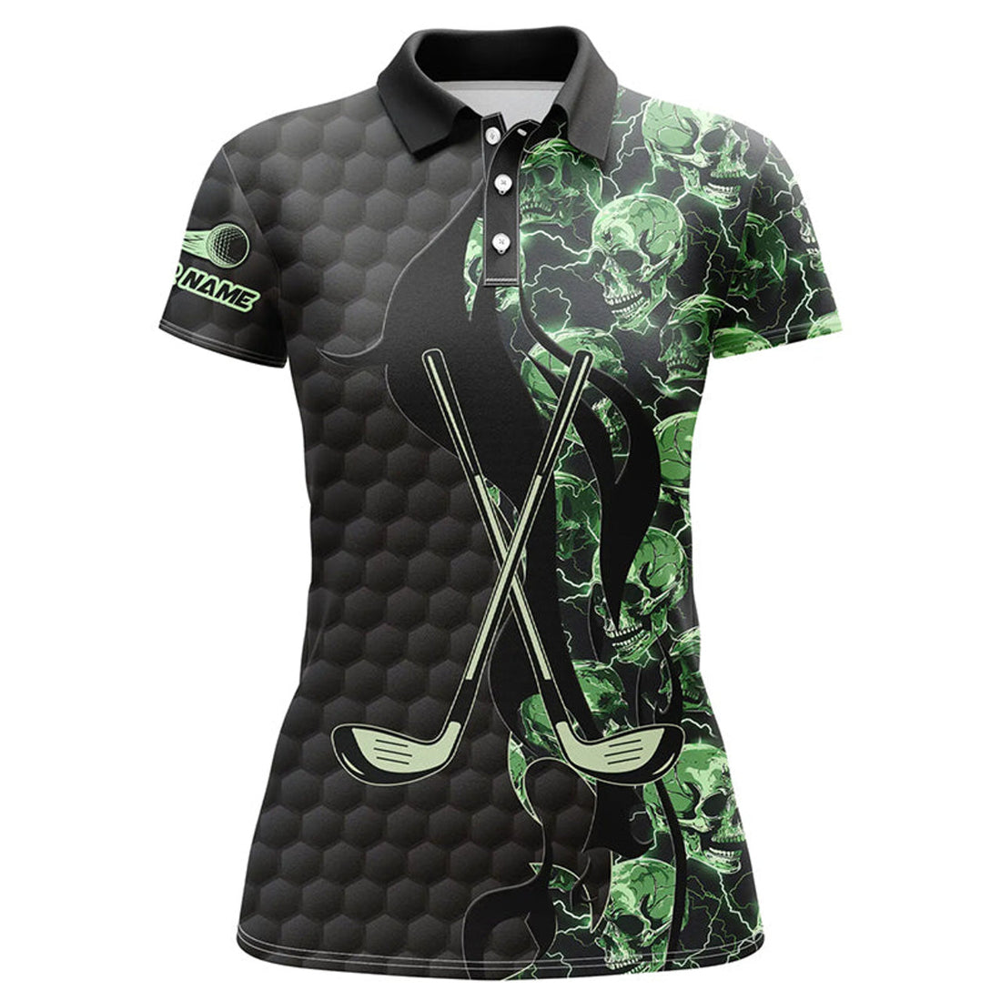 Custom Green Lightning Skull Black Golf Pattern Custom Women Golf Polo Shirts, Golf Clubs Team Polo Shirts