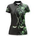 Custom Green Lightning Skull Black Golf Pattern Custom Women Golf Polo Shirts, Golf Clubs Team Polo Shirts