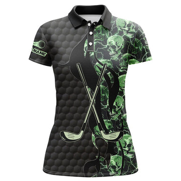 Custom Green Lightning Skull Black Golf Pattern Custom Women Golf Polo Shirts, Golf Clubs Team Polo Shirts