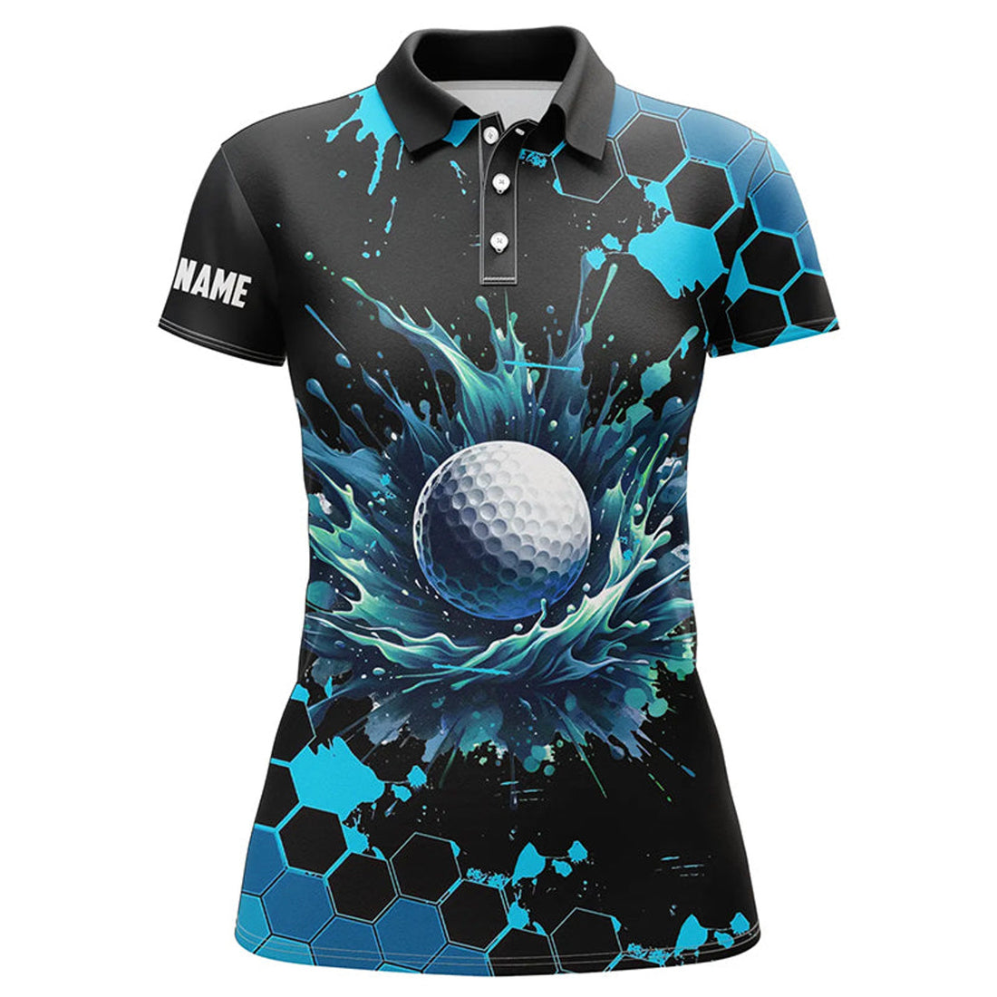 Custom Womens Golf Polo Shirts Custom Black And Blue Watercolor Ladies Golf Tops, Gift For Golf Lovers