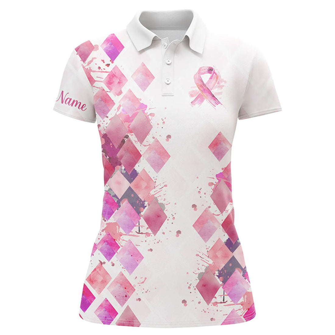 Custom Watercolor Pink Ribbon Argyle Pattern Women Golf Polo Shirts Custom Breast Cancer Awareness Shirts