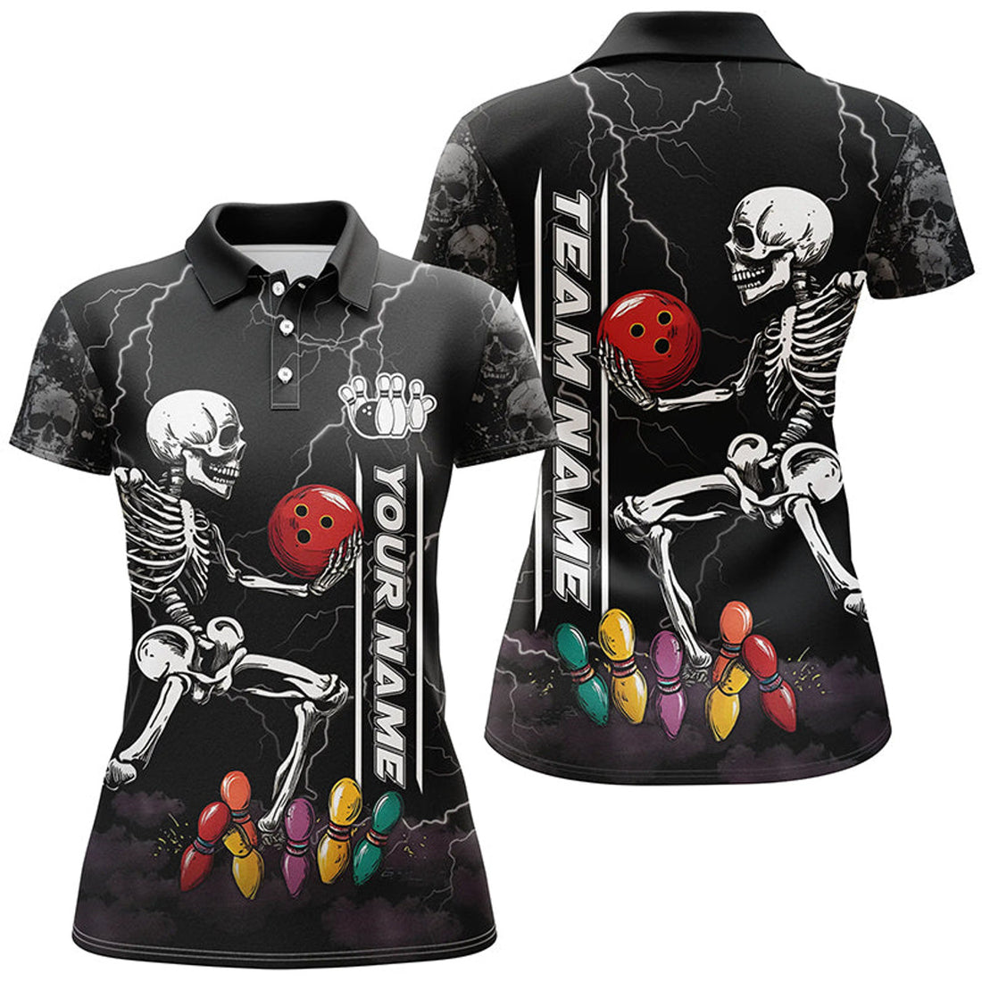 Custom Funny Skull Bowling Women Polo, Custom lightning storm Bowling Team Jerseys | Black