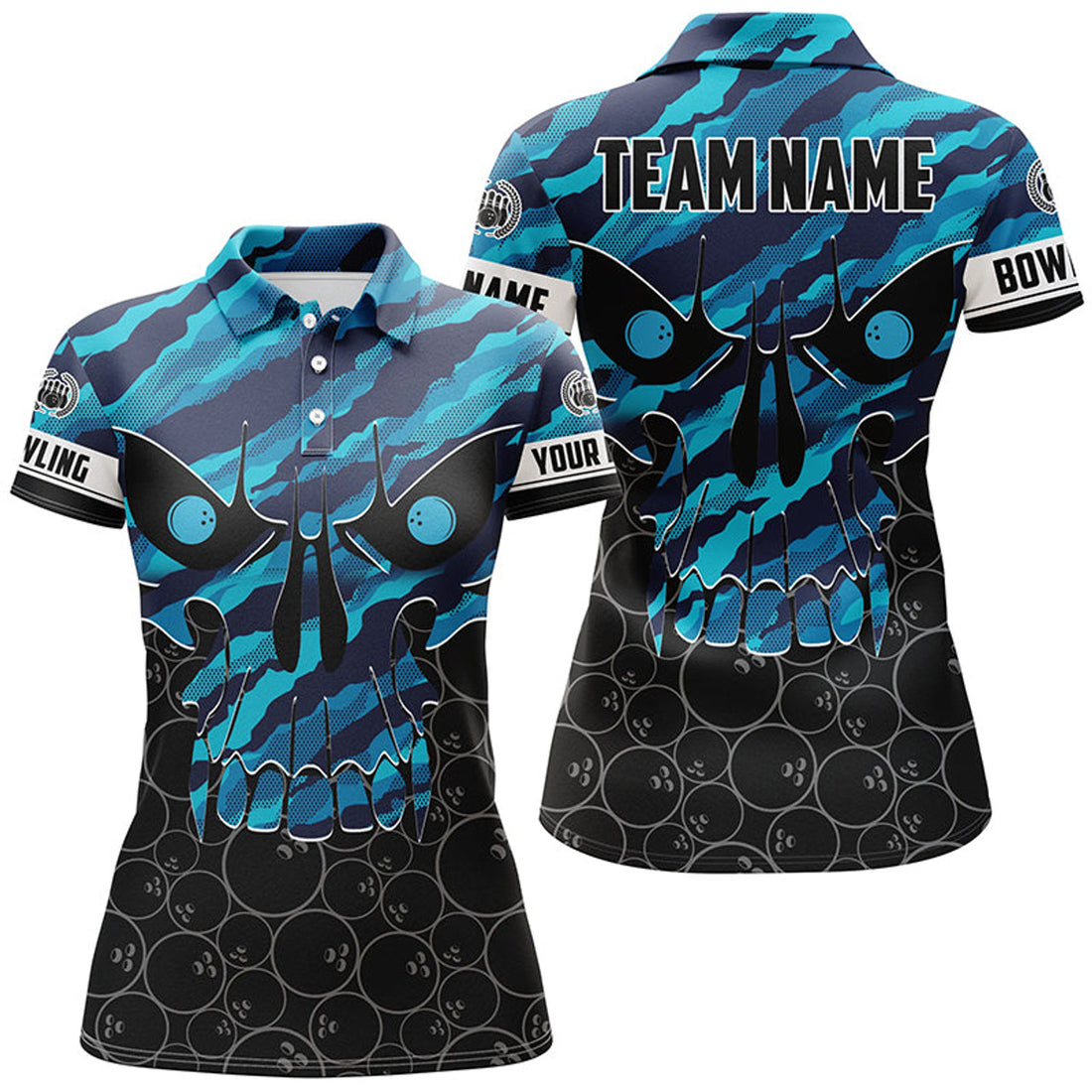 Custom Personalized Skull Bowling Shirt For Women Custom Team's Name Blue Camo Bowler Jersey Polo Shirt
