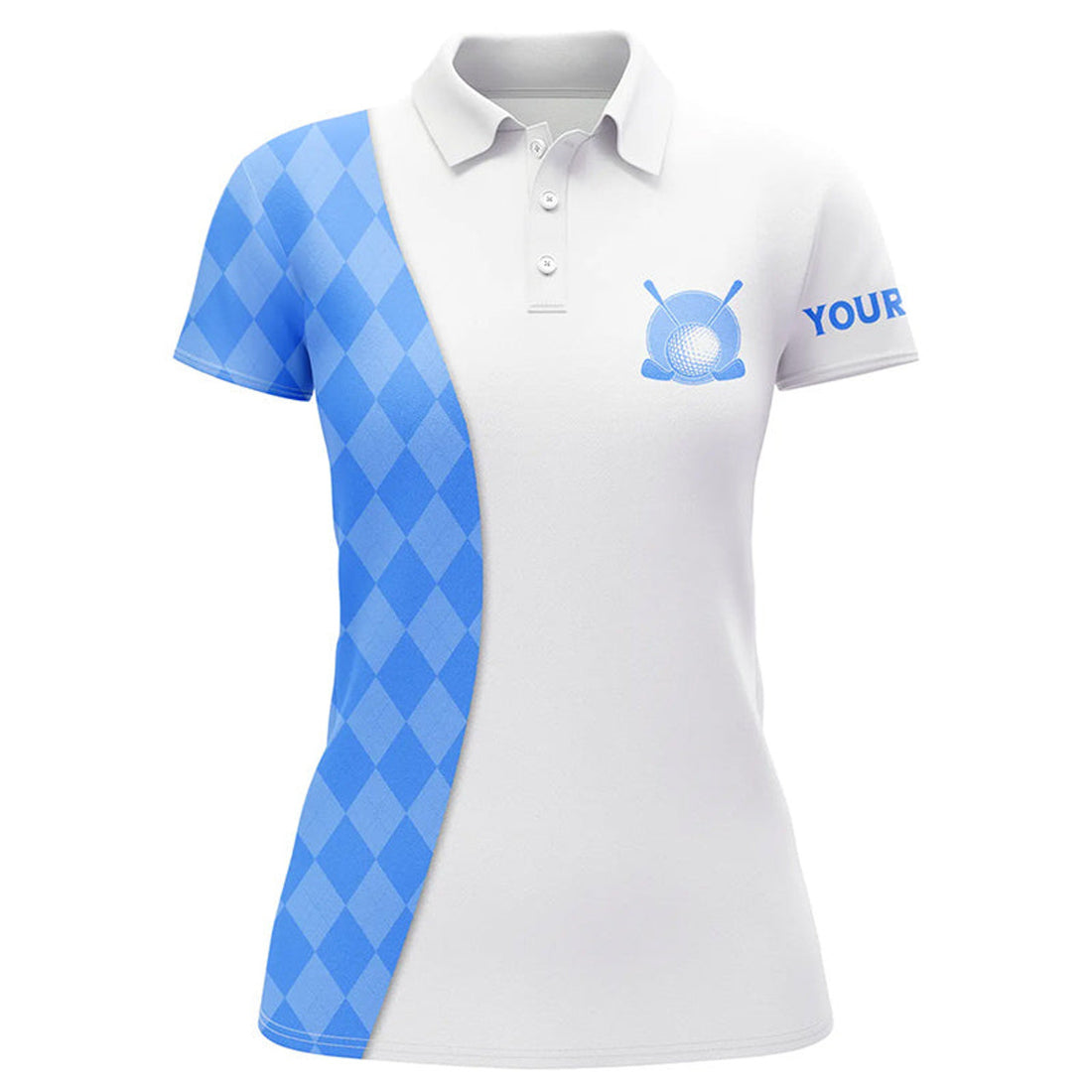 Custom White Womens Golf Polo Shirts Custom Blue Argyle Plaid Pattern Golf Tops, Ladies Golf Tops